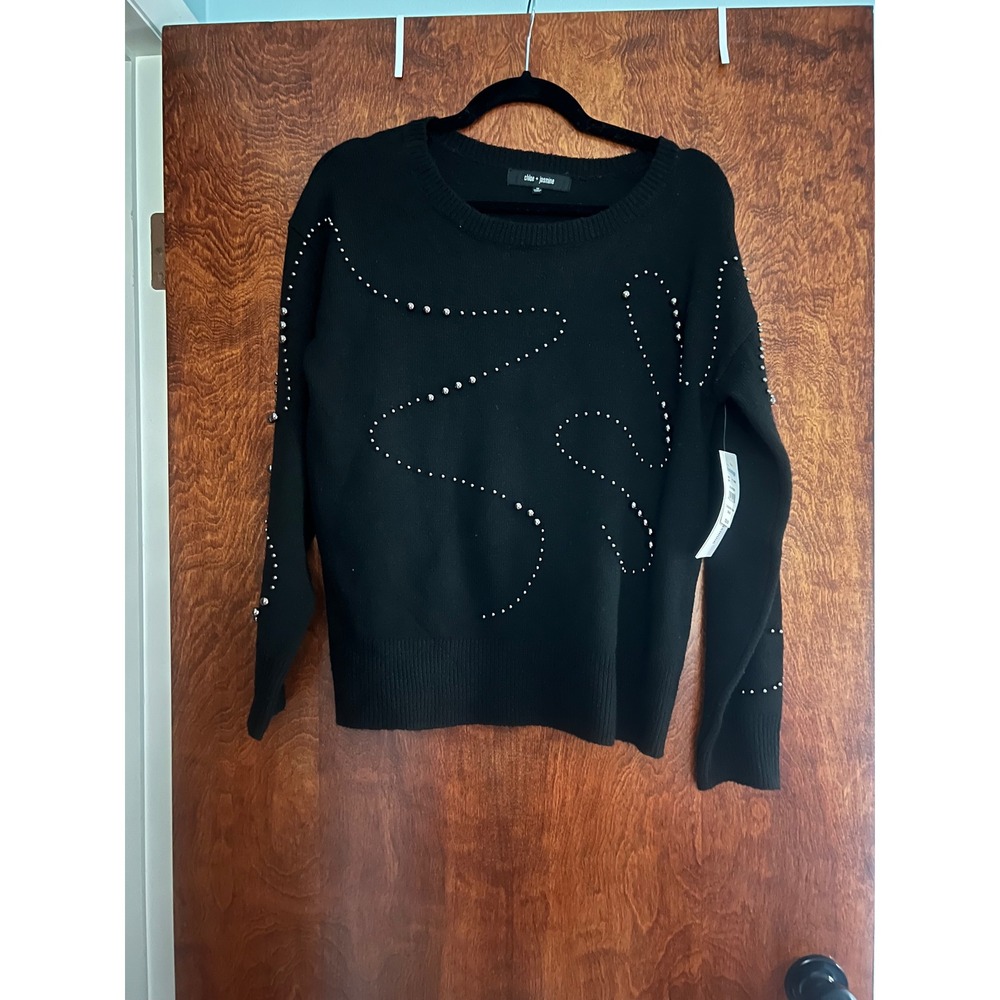 NEW Chloe + Jasmine Sweater Womens Medium Black Studded Embellished Crew Neck